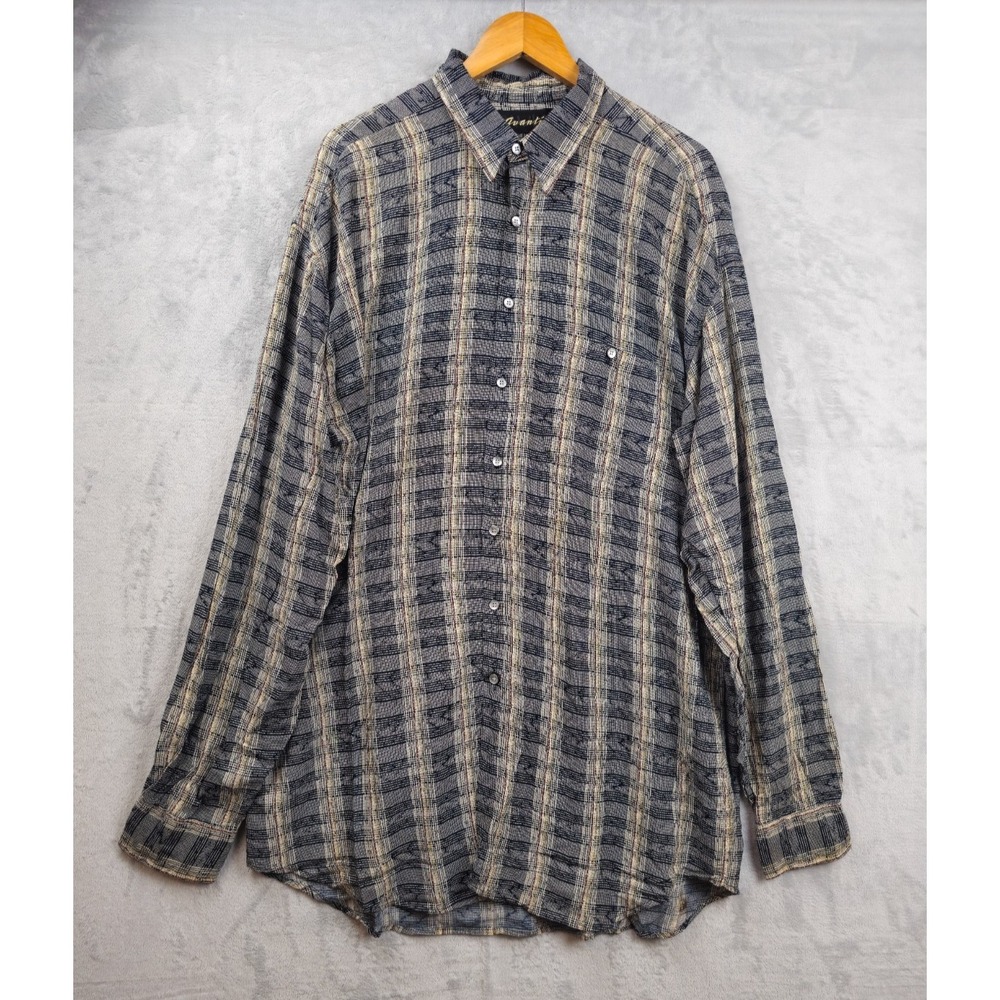 Vintage AVANTI Mens XL Shirt Geometric Plaid Long Sleeve Rayon Pocket Gray